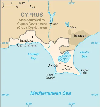 CIA World Factbook map of Akrotiri, showing major cities, rivers and neighbouring countries