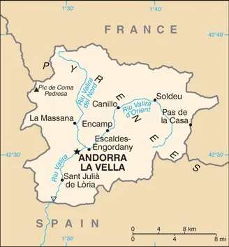 CIA World Factbook map of Andorra, showing major cities, rivers and neighbouring countries