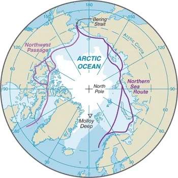 CIA World Factbook map of Arctic Ocean, showing major cities, rivers and neighbouring countries