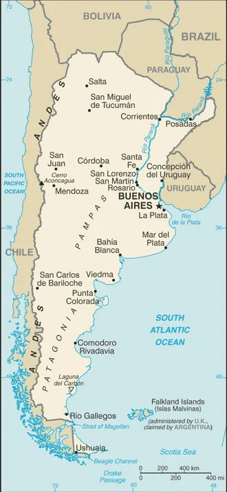 CIA World Factbook map of Argentina, showing major cities, rivers and neighbouring countries