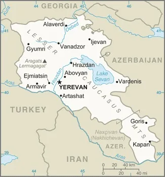 CIA World Factbook map of Armenia, showing major cities, rivers and neighbouring countries