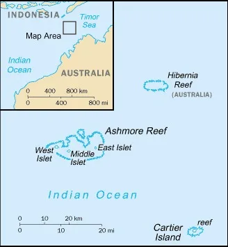 CIA World Factbook map of Ashmore and Cartier Islands, showing major cities, rivers and neighbouring countries