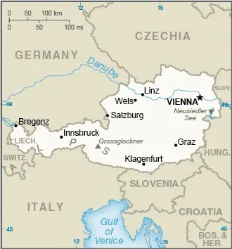 CIA World Factbook map of Austria, showing major cities, rivers and neighbouring countries