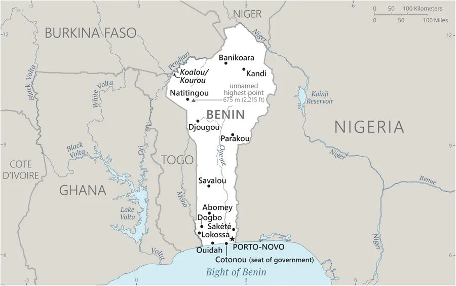 CIA World Factbook map of Benin, showing major cities, rivers and neighbouring countries