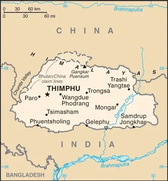 CIA World Factbook map of Bhutan, showing major cities, rivers and neighbouring countries