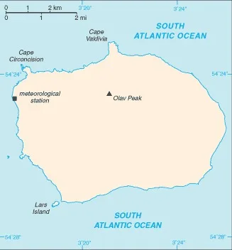 CIA World Factbook map of Bouvet Island, showing major cities, rivers and neighbouring countries