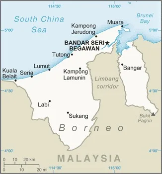 CIA World Factbook map of Brunei, showing major cities, rivers and neighbouring countries
