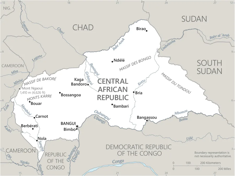 CIA World Factbook map of Central African Republic, showing major cities, rivers and neighbouring countries