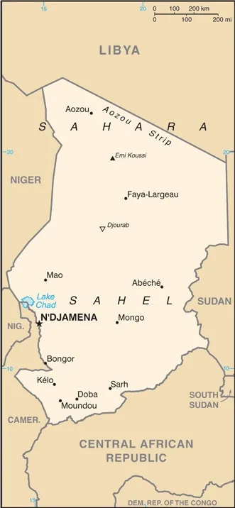 CIA World Factbook map of Chad, showing major cities, rivers and neighbouring countries