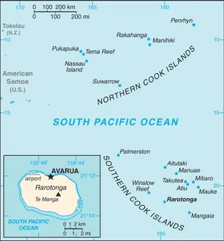 CIA World Factbook map of Cook Islands, showing major cities, rivers and neighbouring countries