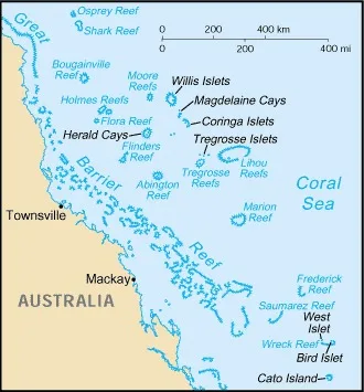 CIA World Factbook map of Coral Sea Islands, showing major cities, rivers and neighbouring countries