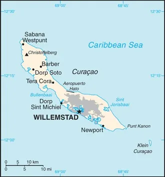 CIA World Factbook map of Curaçao, showing major cities, rivers and neighbouring countries