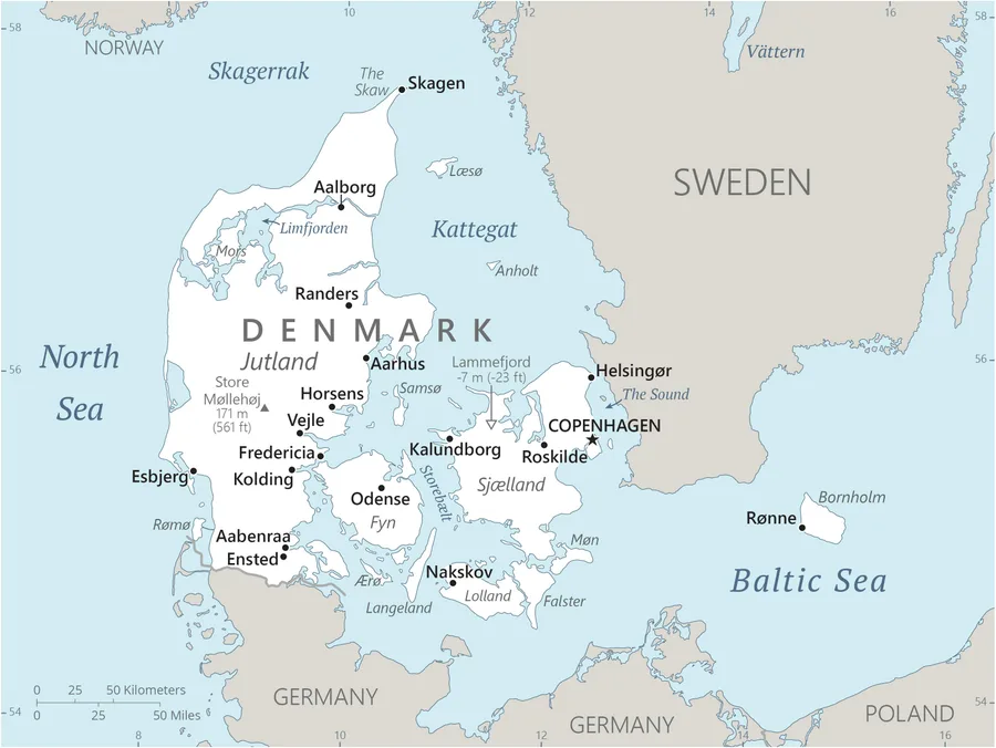 CIA World Factbook map of Denmark, showing major cities, rivers and neighbouring countries