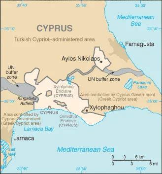 CIA World Factbook map of Dhekelia, showing major cities, rivers and neighbouring countries