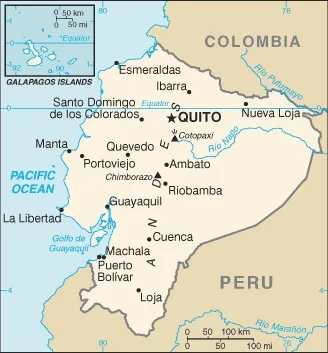 CIA World Factbook map of Ecuador, showing major cities, rivers and neighbouring countries