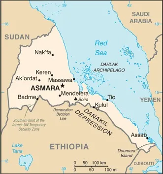 CIA World Factbook map of Eritrea, showing major cities, rivers and neighbouring countries