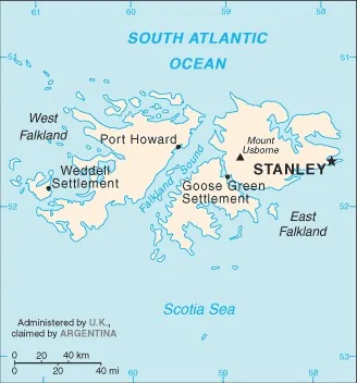 CIA World Factbook map of Falkland Islands, showing major cities, rivers and neighbouring countries