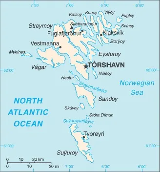 CIA World Factbook map of Faroe Islands, showing major cities, rivers and neighbouring countries