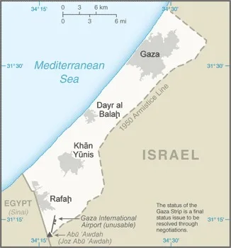 CIA World Factbook map of Gaza Strip, showing major cities, rivers and neighbouring countries