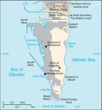 CIA World Factbook map of Gibraltar, showing major cities, rivers and neighbouring countries
