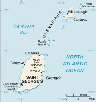 CIA World Factbook map of Grenada, showing major cities, rivers and neighbouring countries