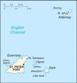 CIA World Factbook map of Guernsey, showing major cities, rivers and neighbouring countries