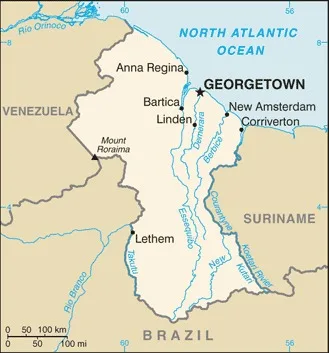 CIA World Factbook map of Guyana, showing major cities, rivers and neighbouring countries
