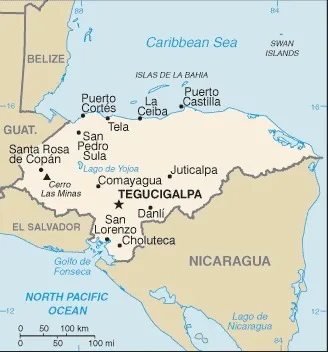 CIA World Factbook map of Honduras, showing major cities, rivers and neighbouring countries