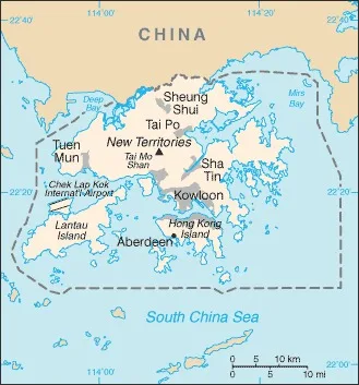 CIA World Factbook map of Hong Kong, showing major cities, rivers and neighbouring countries