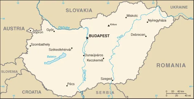 CIA World Factbook map of Hungary, showing major cities, rivers and neighbouring countries