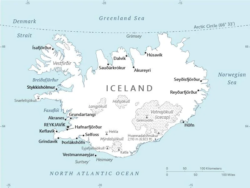 CIA World Factbook map of Iceland, showing major cities, rivers and neighbouring countries