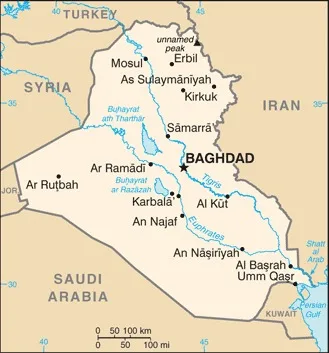CIA World Factbook map of Iraq, showing major cities, rivers and neighbouring countries