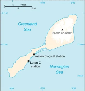 CIA World Factbook map of Jan Mayen, showing major cities, rivers and neighbouring countries