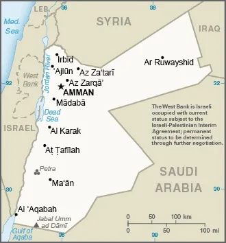 CIA World Factbook map of Jordan, showing major cities, rivers and neighbouring countries