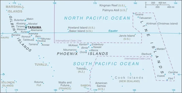 CIA World Factbook map of Kiribati, showing major cities, rivers and neighbouring countries