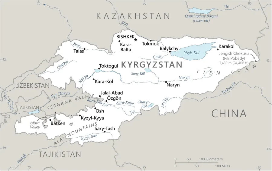 CIA World Factbook map of Kyrgyzstan, showing major cities, rivers and neighbouring countries
