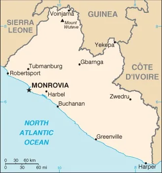 CIA World Factbook map of Liberia, showing major cities, rivers and neighbouring countries