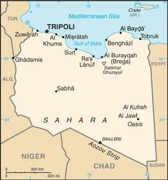 CIA World Factbook map of Libya, showing major cities, rivers and neighbouring countries