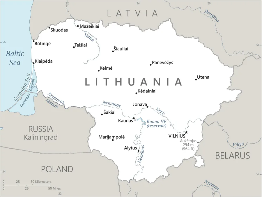 CIA World Factbook map of Lithuania, showing major cities, rivers and neighbouring countries