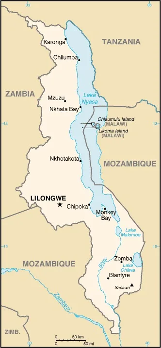 CIA World Factbook map of Malawi, showing major cities, rivers and neighbouring countries