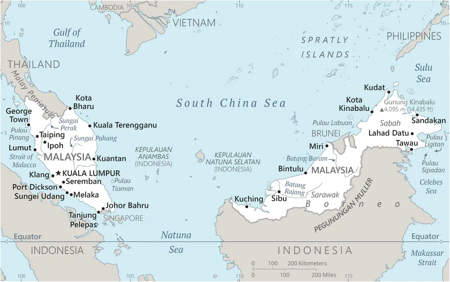 CIA World Factbook map of Malaysia, showing major cities, rivers and neighbouring countries