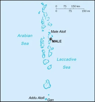 CIA World Factbook map of Maldives, showing major cities, rivers and neighbouring countries