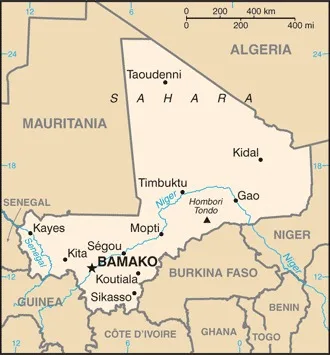 CIA World Factbook map of Mali, showing major cities, rivers and neighbouring countries