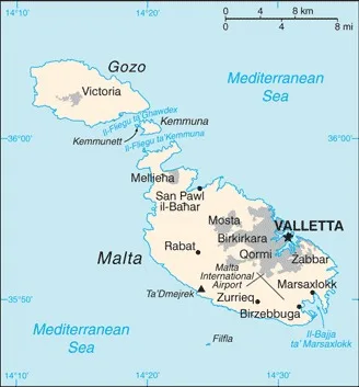 CIA World Factbook map of Malta, showing major cities, rivers and neighbouring countries
