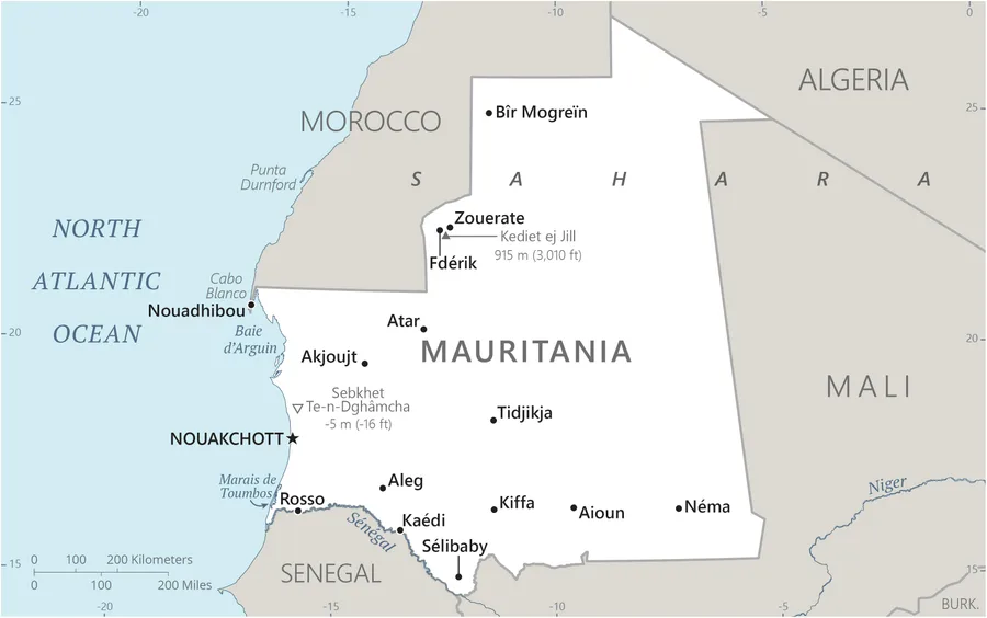 CIA World Factbook map of Mauritania, showing major cities, rivers and neighbouring countries
