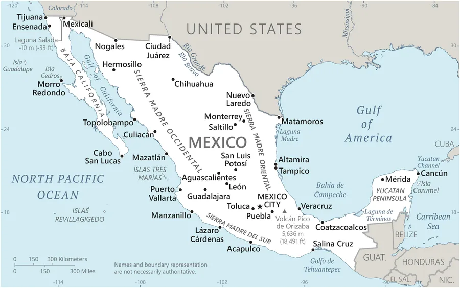 CIA World Factbook map of Mexico, showing major cities, rivers and neighbouring countries