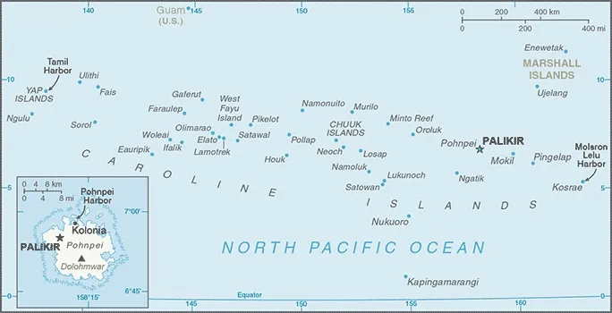 CIA World Factbook map of Micronesia, showing major cities, rivers and neighbouring countries
