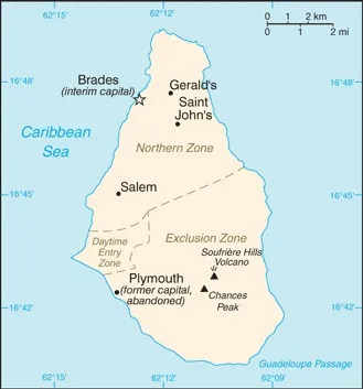 CIA World Factbook map of Montserrat, showing major cities, rivers and neighbouring countries