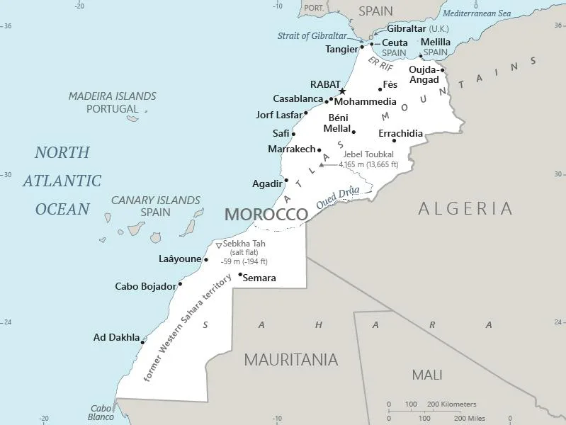CIA World Factbook map of Morocco, showing major cities, rivers and neighbouring countries