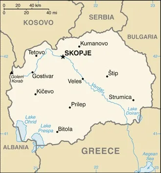 CIA World Factbook map of North Macedonia, showing major cities, rivers and neighbouring countries